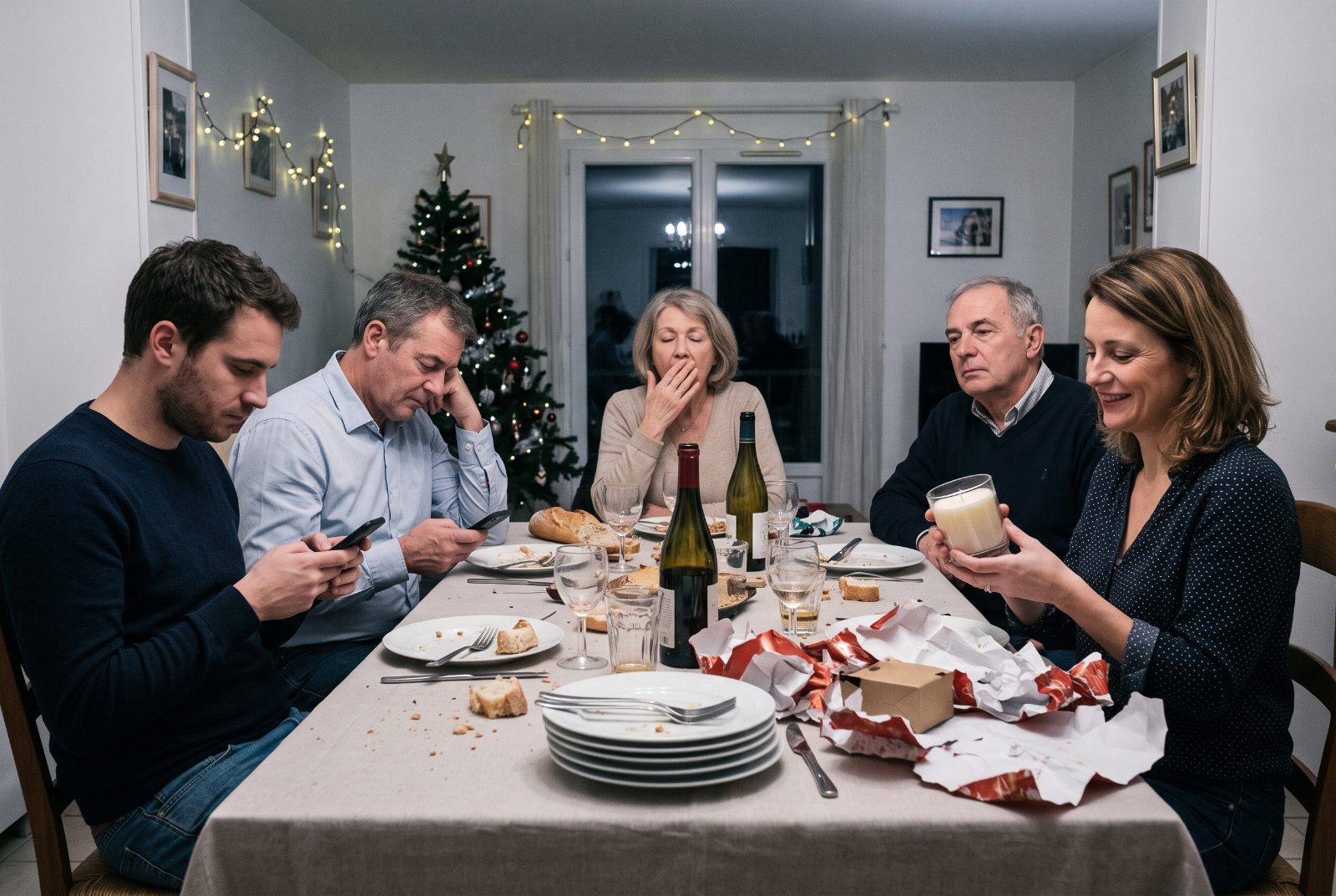 Repas de fêtes où chacun regarde son téléphone