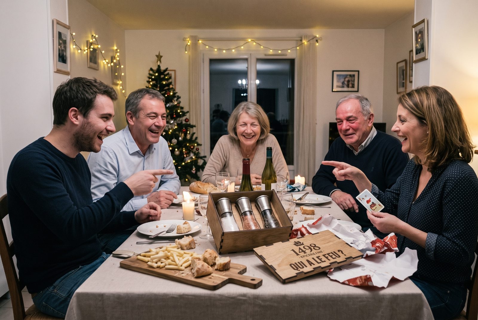 Famille qui rit autour du coffret et de ses moulins