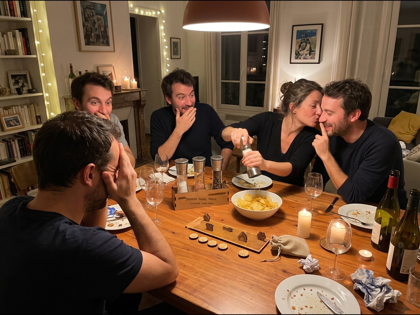 Des amis jouent à Qui a le feu ? autour de la table, le détective se cache les yeux