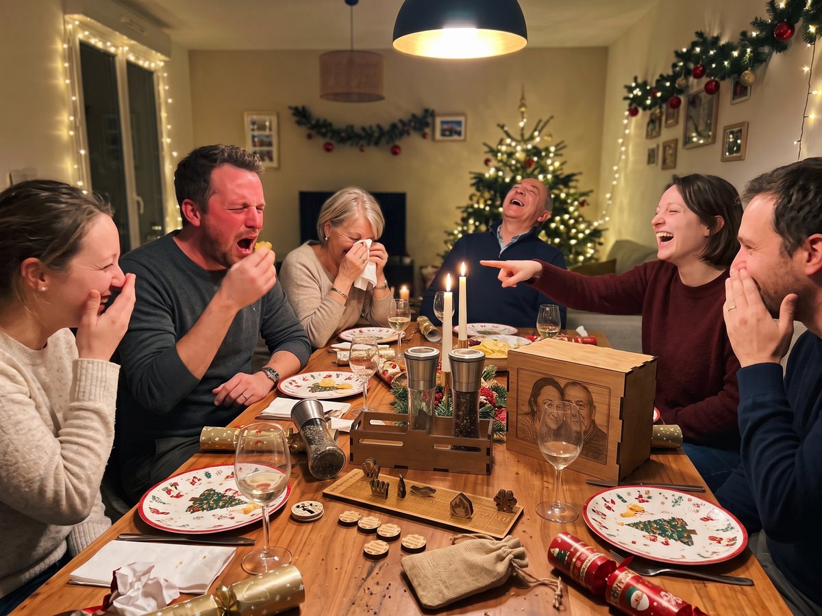 Fou rire autour de la table de Noël en jouant à Qui a le feu ? avec le coffret 1498
