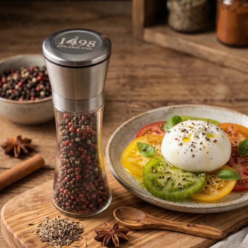 Mise en situation culinaire de Moulin à Épices Premium en Verre et Inox – Mécanisme Céramique