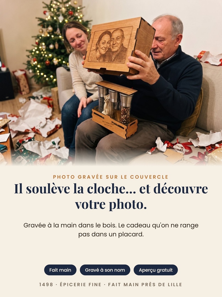 Il soulève la cloche et découvre votre photo gravée