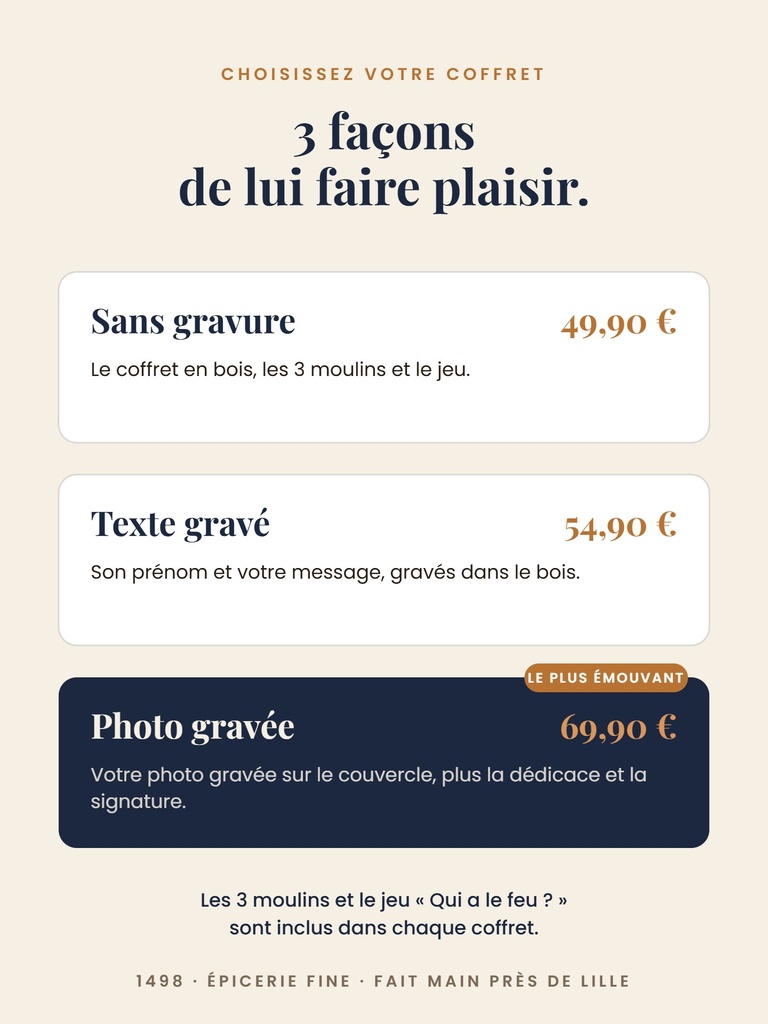 Les 3 coffrets : sans gravure, texte gravé, photo gravée